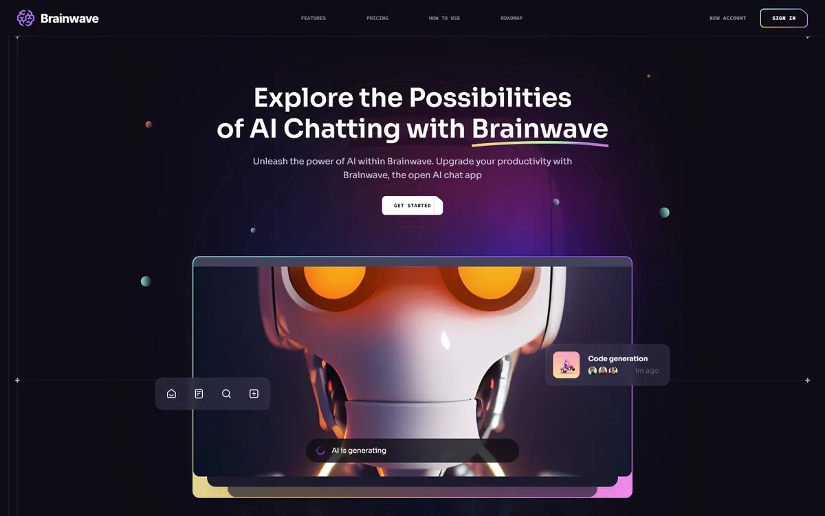 Brainwave landing page: headline “Explore the Possibilities of AI Chatting with Brainwave” above a robot-face chat interface.