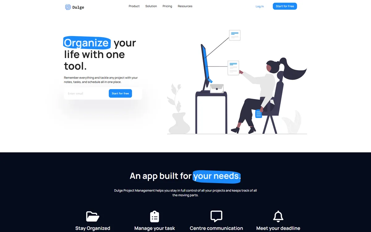 Dulge landing page: headline “Organize your life with one tool” beside an illustration of a person at a desk.