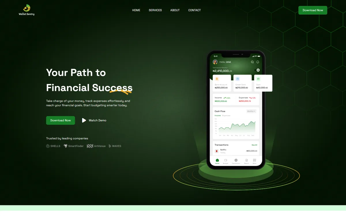 Wallet Sentry landing page: headline “Your Path to Financial Success” beside a phone showing a budgeting app.