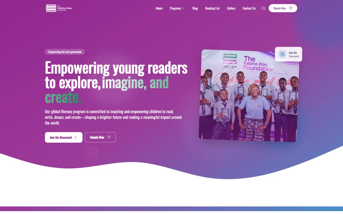 The Fatima Alao Foundation homepage: headline “Empowering young readers to explore, imagine, and create” beside a photo of children holding books.