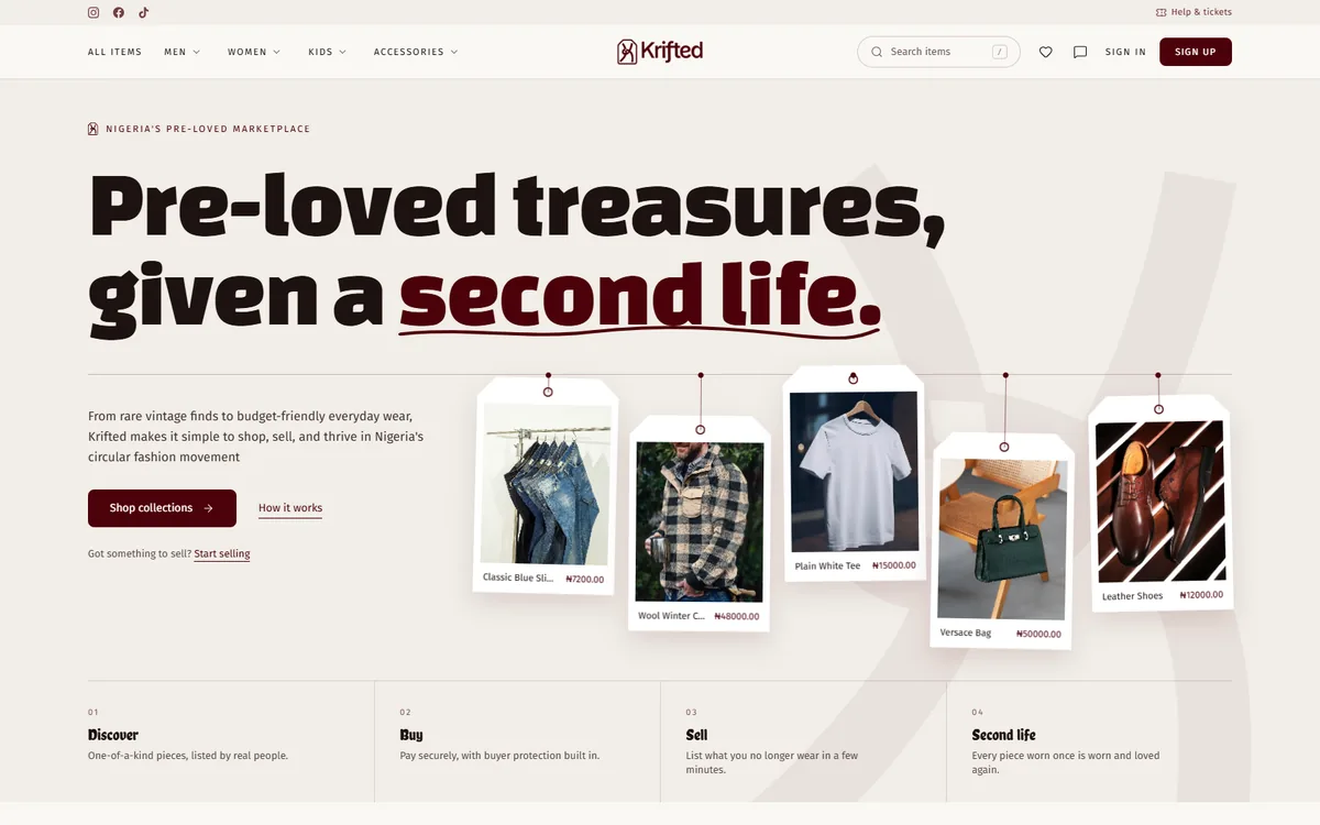 Krifted home page: headline “Pre-loved treasures, given a second life” above hanging price tags on pre-owned fashion items.