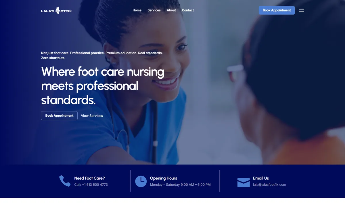 Lala's Foot Fix homepage: headline “Where foot care nursing meets professional standards” over a photo of a nurse with a patient.