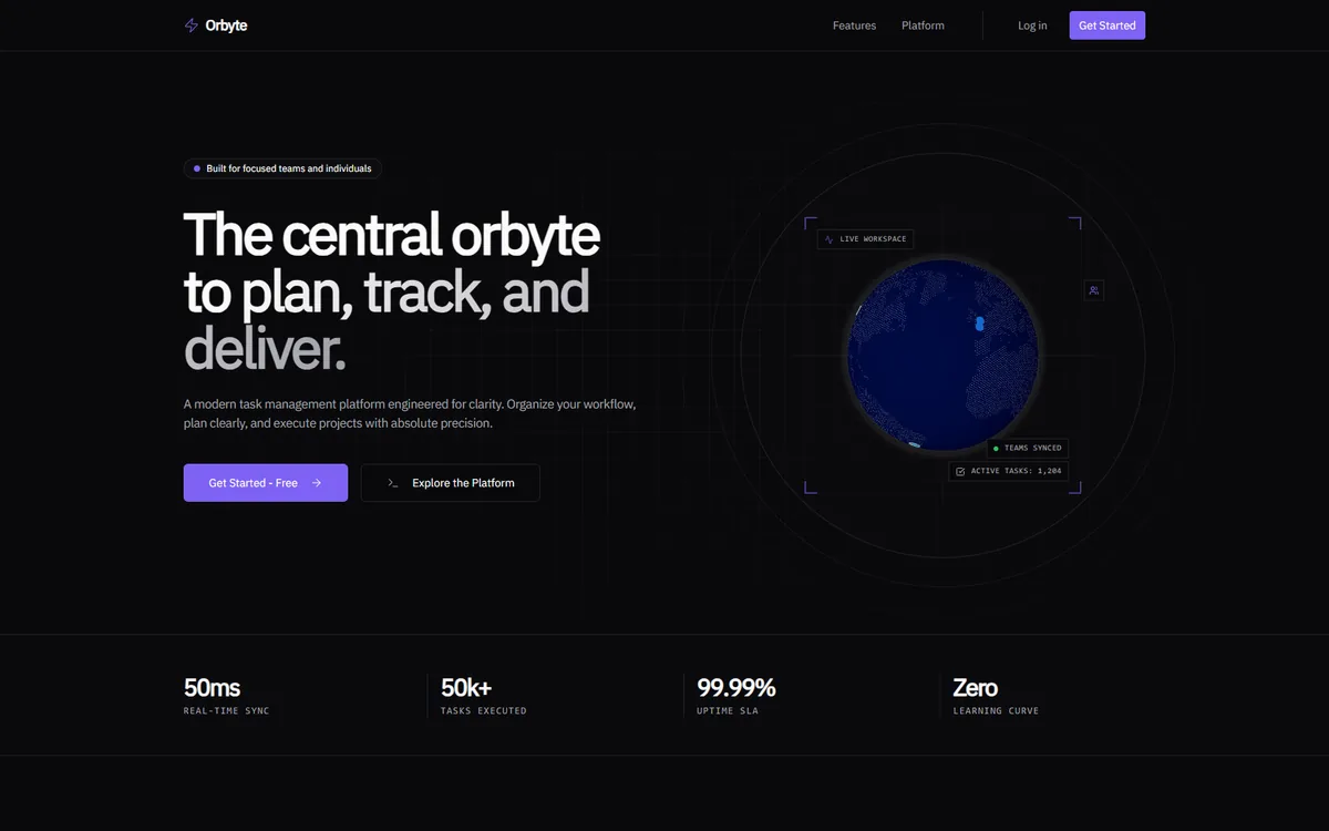 Orbyte landing page: headline “The central orbyte to plan, track, and deliver” beside a globe graphic.