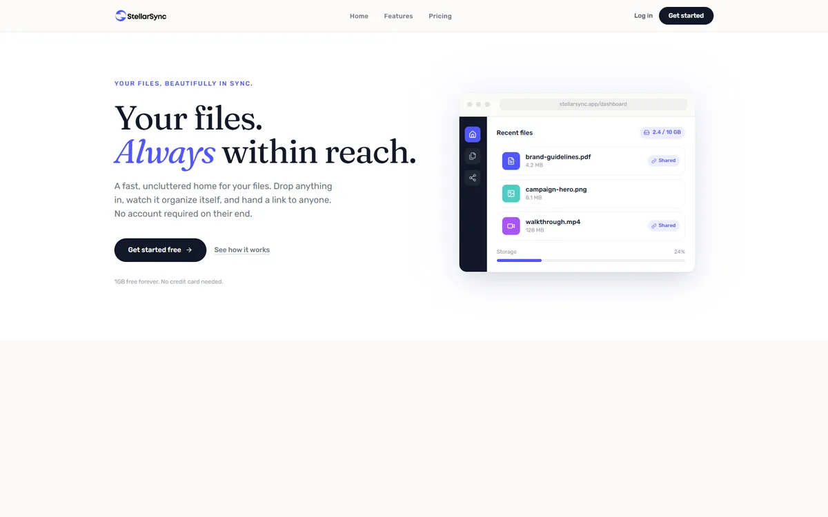 StellarSync landing page: headline “Your files. Always within reach.” beside a file dashboard illustration.