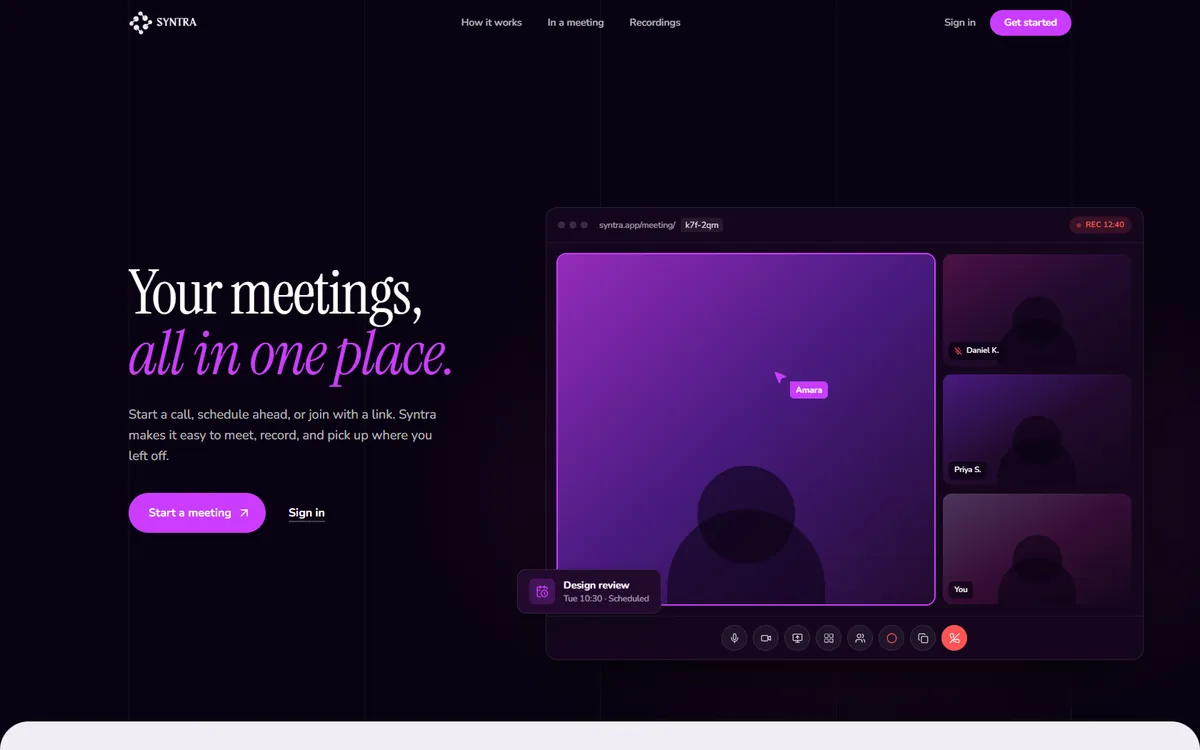 Syntra landing page: headline “Your meetings, all in one place” beside a video meeting interface illustration.